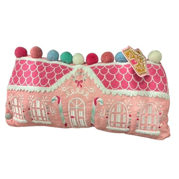 Gingerbread Other - Pink Gingerbread House Pom Pom Pillow Whimsical Holiday Decor Cozy Accent Gift